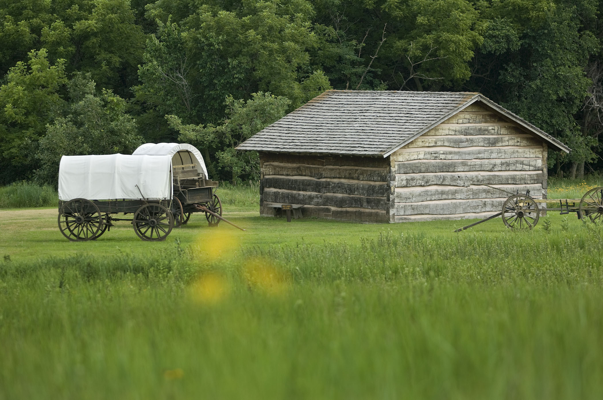 A historical building and covered wagons at Rock Creek Station State Historical Park.