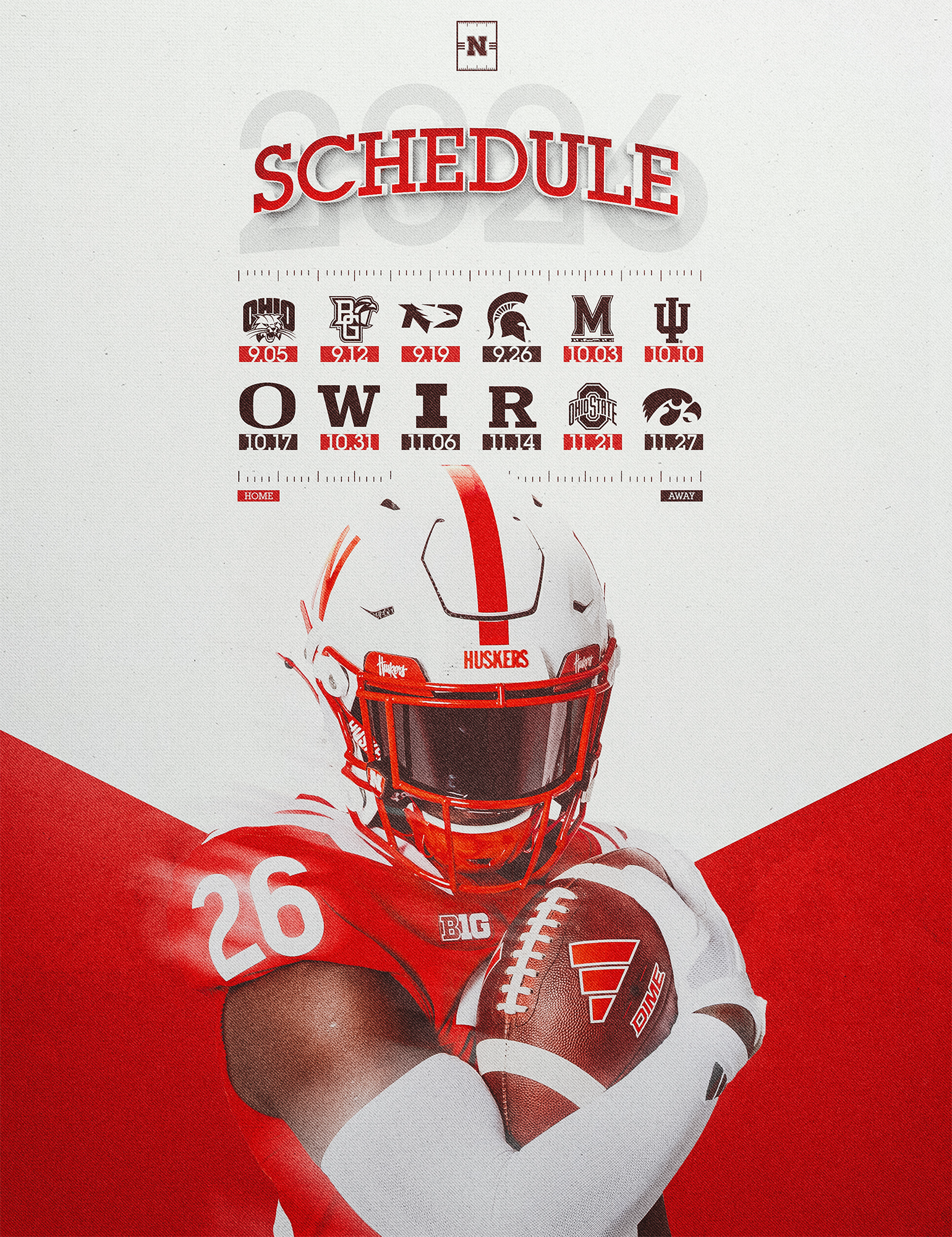 2026 Nebraska Husker Football schedule graphic with dates and opponents listed and an image of one player featured on it.