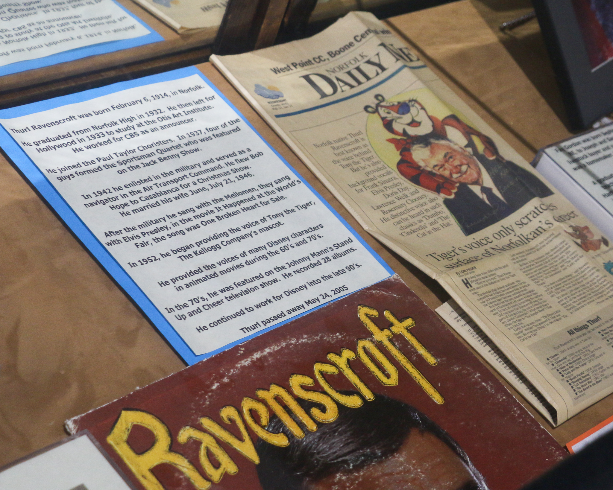 Museum display covering Thurl Arthur Ravenscroft.