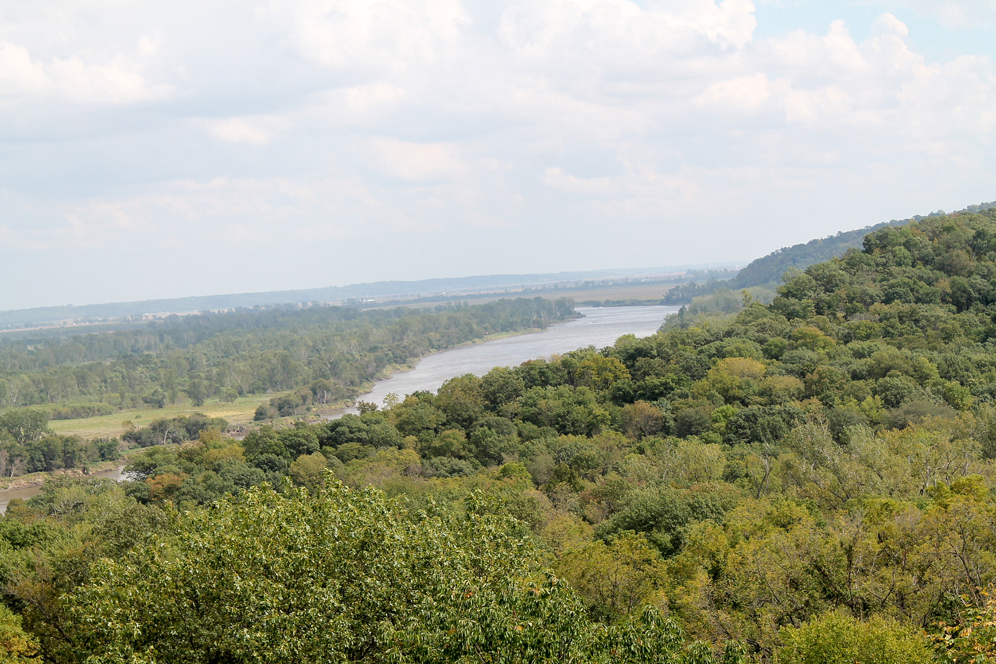 View of a river and lush trees at Indian Cave State Park.