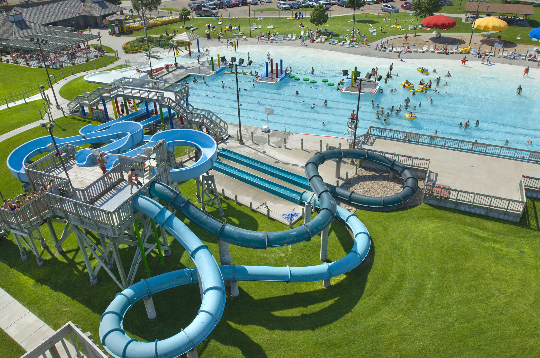 Excited guests wait their turn to zips down the twisting and turning waterslides at Island Oasis at Grand Island, NE.