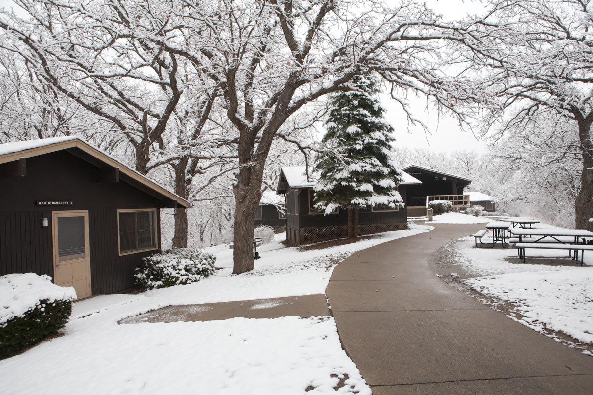 Platte River State Park Cabin surrounded by snow.