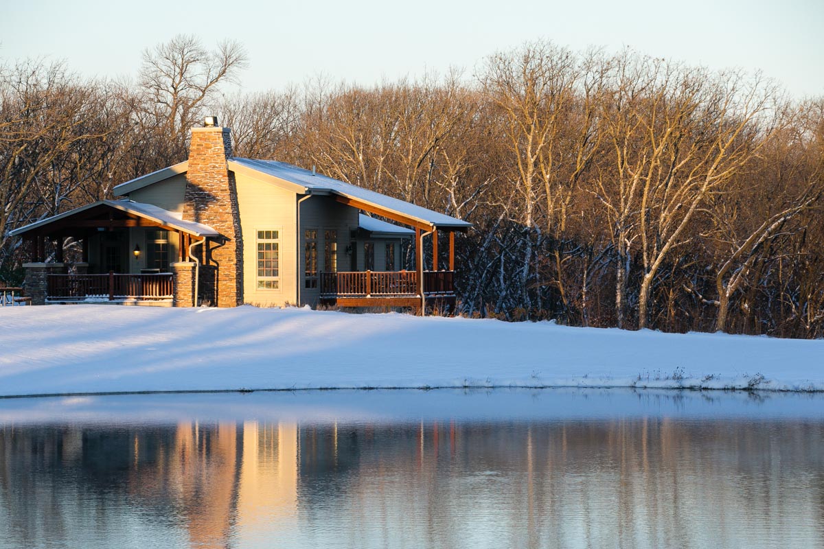 Mini lodge cabin at snowy Ponca State Park.
