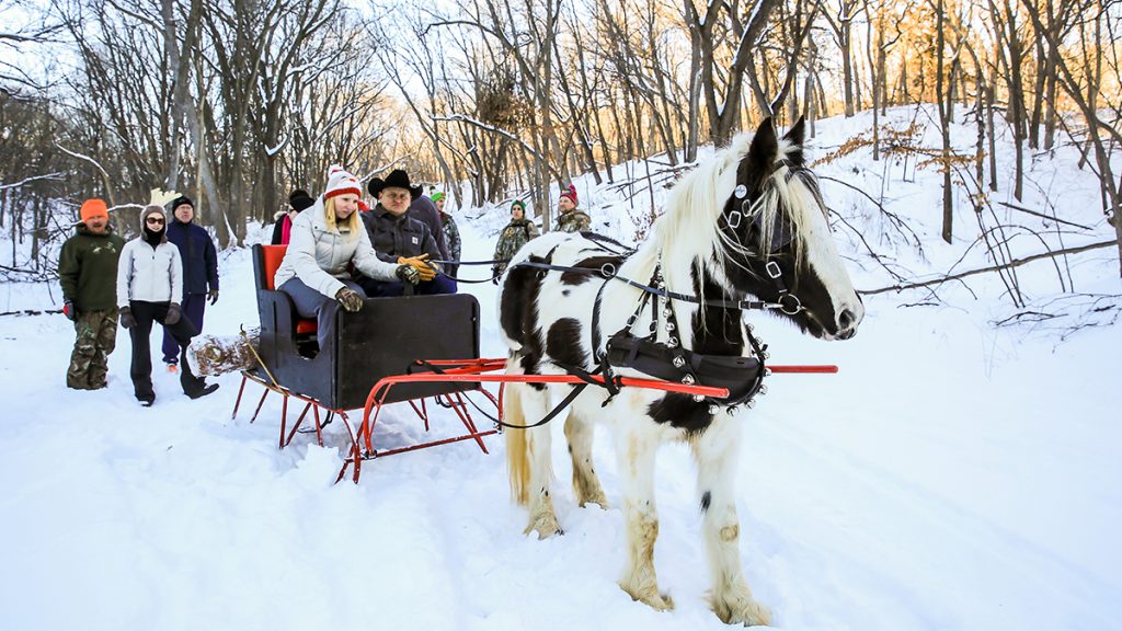 Folks enjoying a horse-drawn sleigh ride through the snow at Ponca State Park.