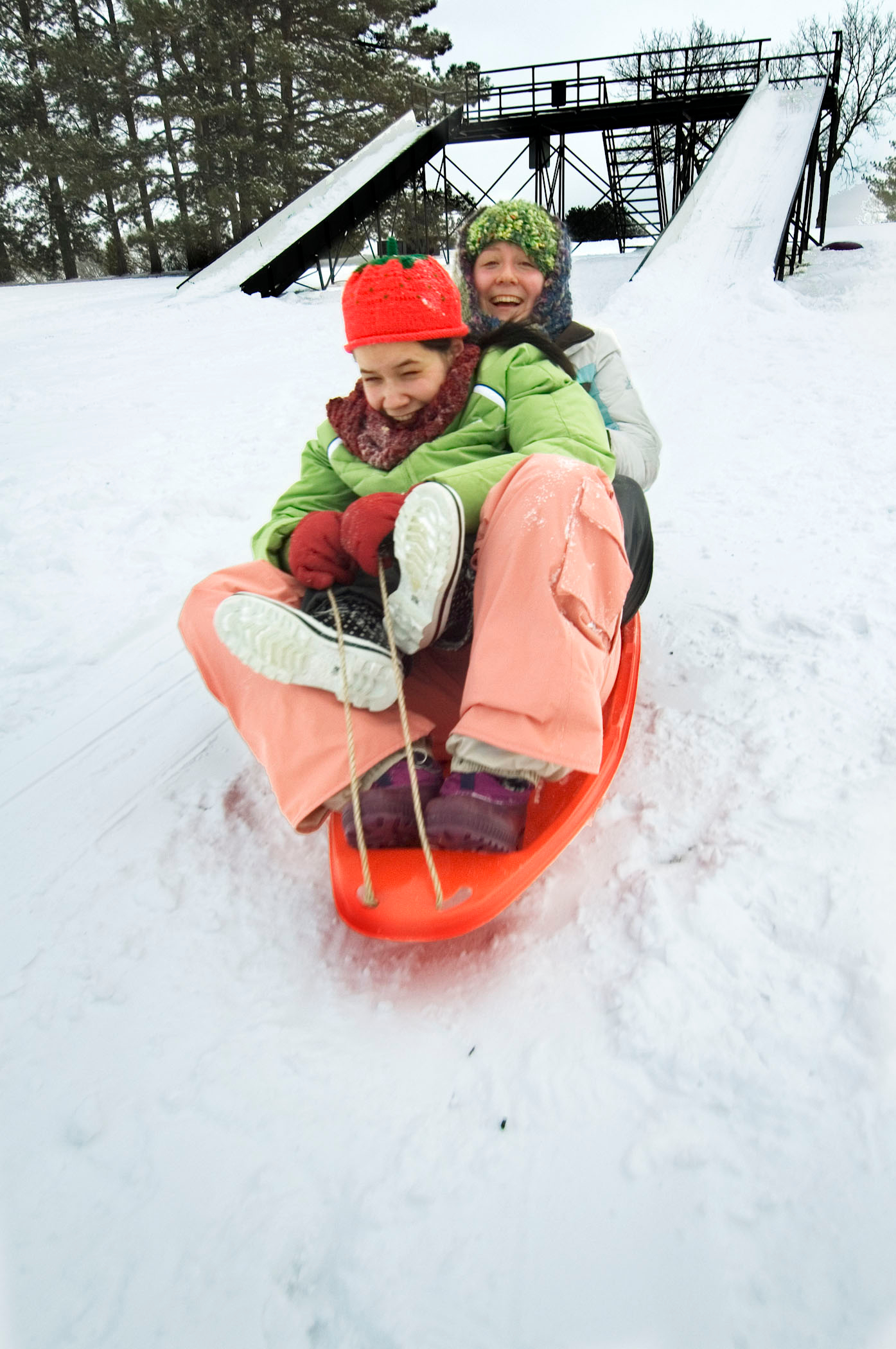 Two people sledding at Pioneers Park in Lincoln.