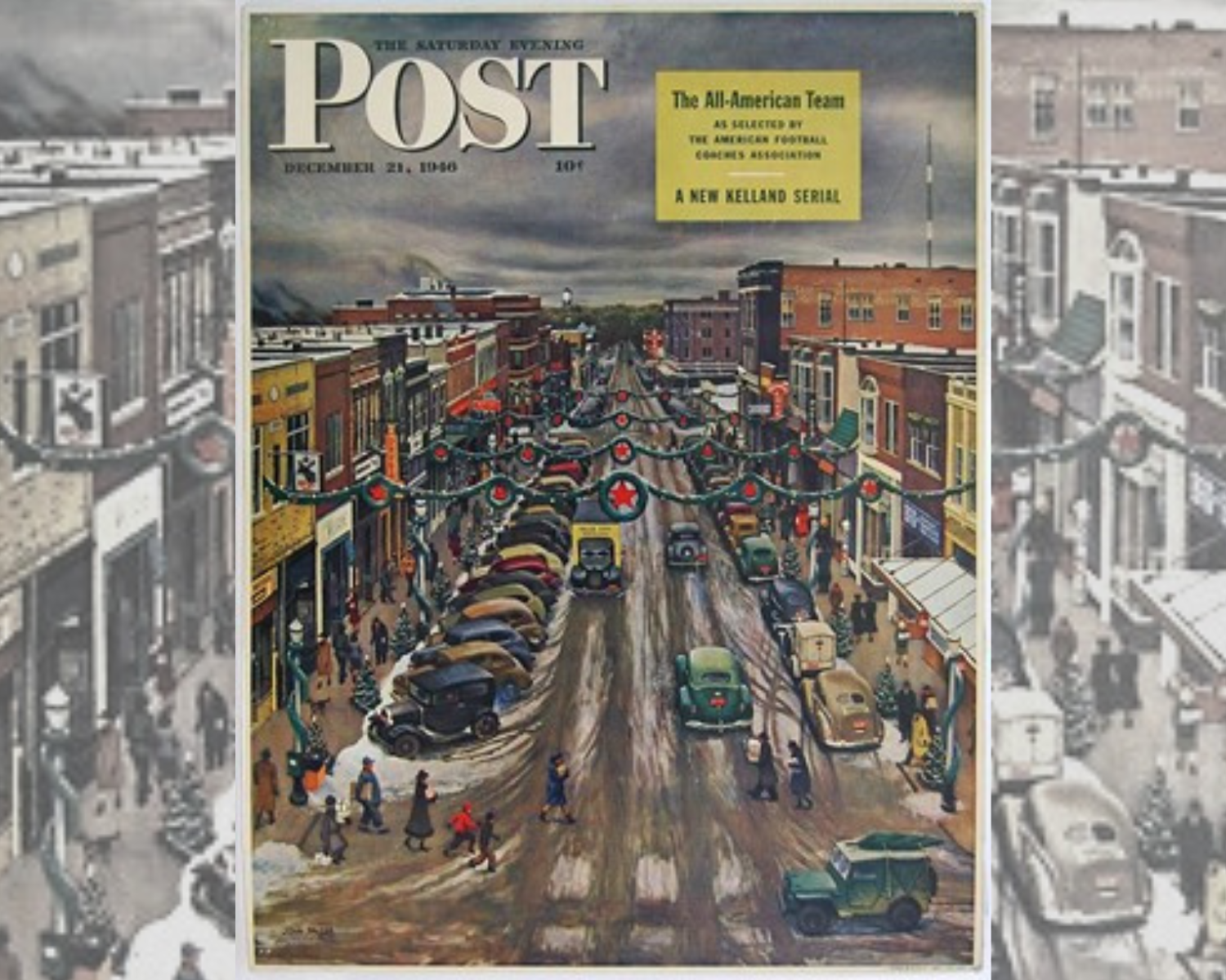 Illustrated Christmas cover of Falls City on The Saturday Evening Post. Photo by John Phillip Falter