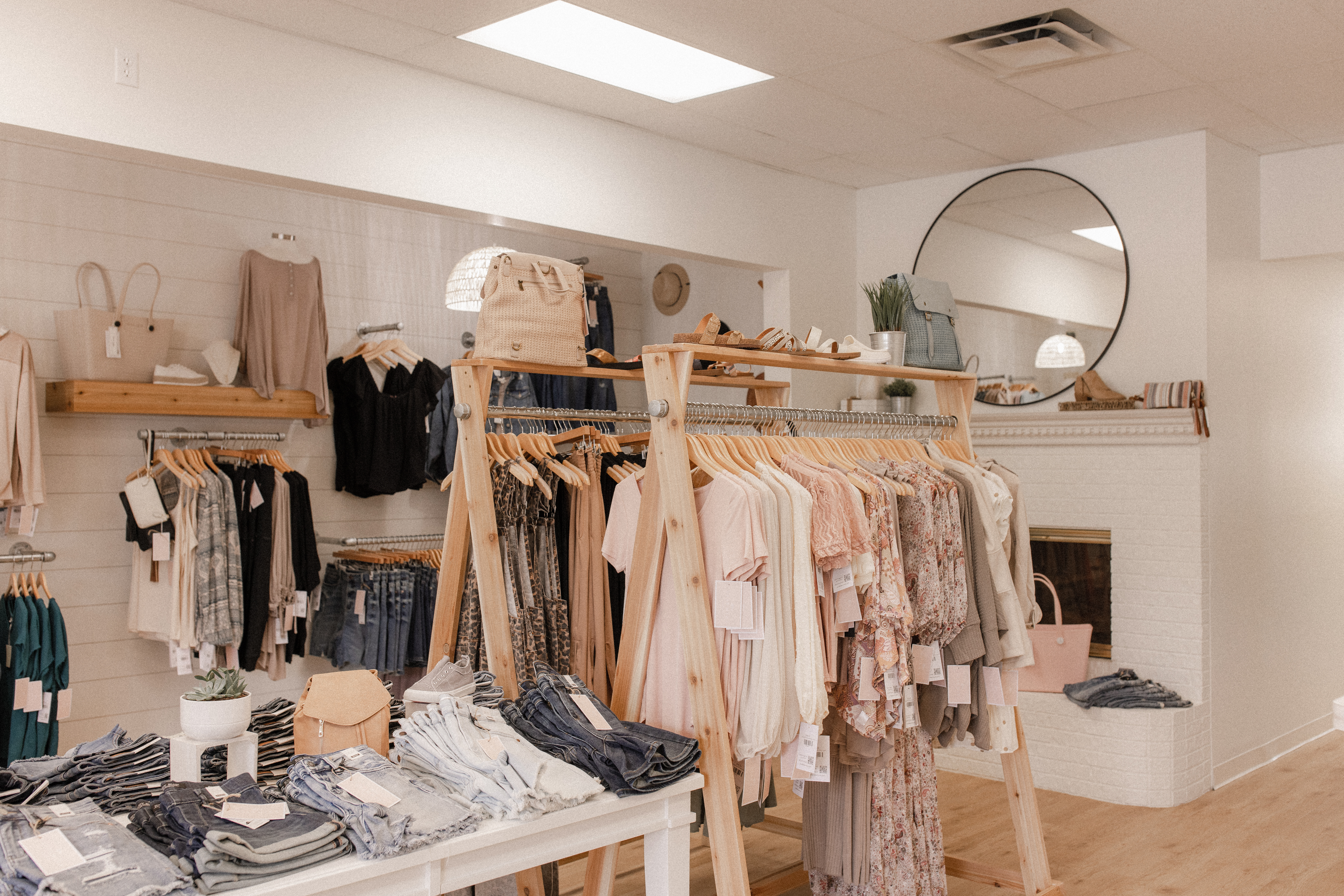 Clothing racks and displays at Dear Myra Boutique.