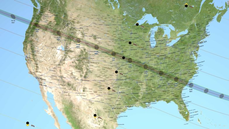 This NASA map shows the path of the first total solar eclipse to cross the entire US in 99 years.