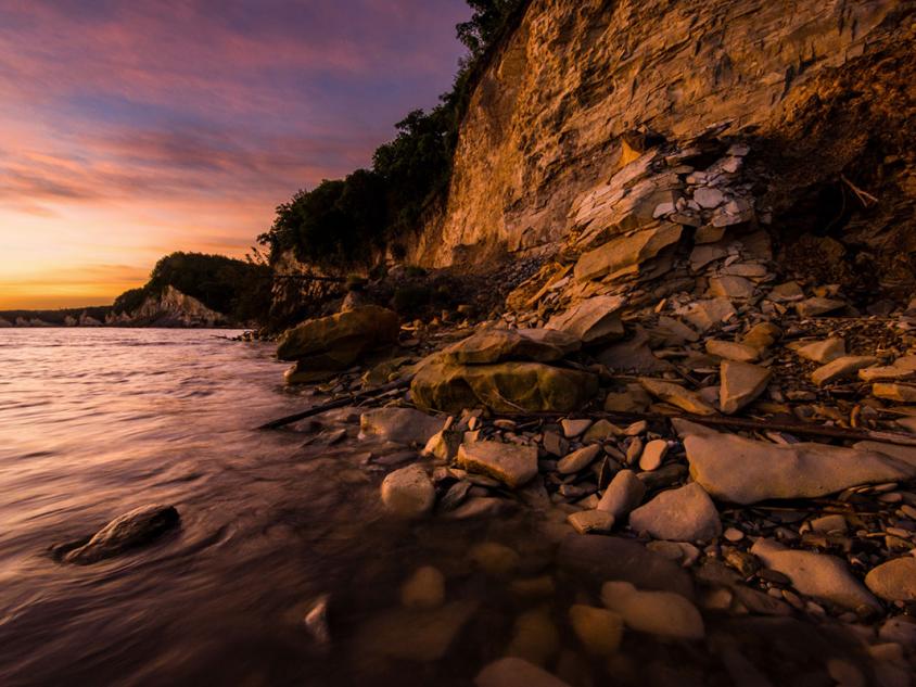 Rocky shore of lake.