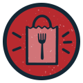 Eat, Shop, Repeat Icon: red shopping bag with fork 