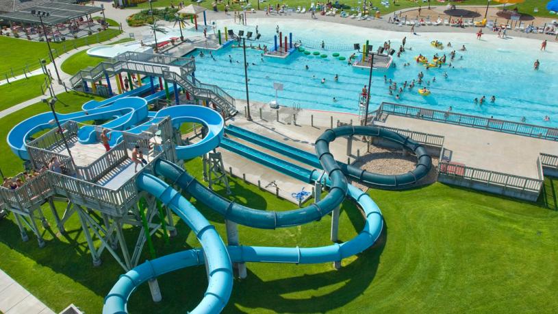 Aerial view of the waterslides and pool at Island Oasis Water Park.